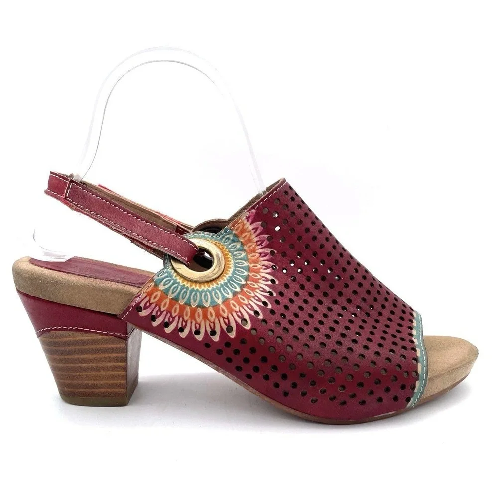 Spring Step L'Artiste Leather Upper Perforated Slingback Heels Red Women's 39